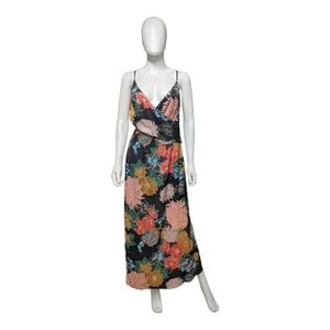 Zhu Black Abstract Floral Print Hollow Out Slip Dress, L